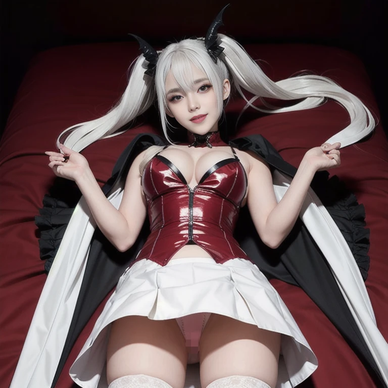 [Stable Diffusion] Ekor kembar di atas tempat tidur Payudara Tertawa Wajah Cantik Menyeringai R18 Celana Karya masterpiece Permainan kostum Upskirt Pakaian dalam Succubus [Realistis]